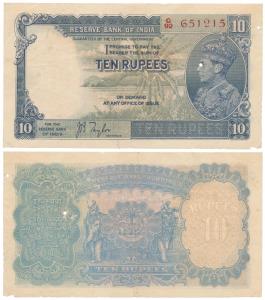 George VI, Rupees 10, 1st issue, 1938, signed J. B. Taylor (J&R 4.5.1). Few holes, Fine+.