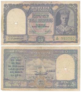 George VI, Rupees 10, 2nd issue, 1944, signed C. D. Deshmukh (J&R 4.6.1). About Very Fine.