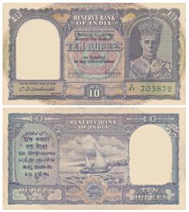 George VI, Rupees 10, 2nd issue, 1944, signed C. D. Deshmukh, Prefix C (J&R 4.6.1). Extrem