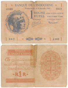 French India, Banque De L’Indochine, Rupee 1, Pondichery, 1945, (J&R 13.1.7A). Tear and ta