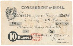 Government of India, Victoria portrait, Rupees 10, Uniface, signed J. A. Ballard as Commis
