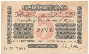 Government of India, Uniface, Rupees 5, red under print, Calcutta circle, signed M. M. S. 