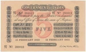 Government of India, Uniface, Rupees 5, red under print, signed A. C. McWatters, 15 Februa