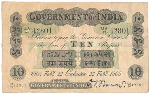 Government of India, Uniface, Rupees 10, green under print, Calcutta Circle, signed O. T. 