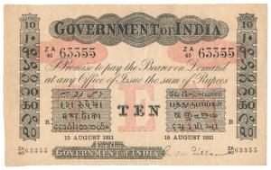 Government of India, Uniface, Rupees 10, red under print, Bombay circle, signed R. W. Gill