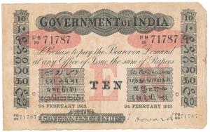 Government of India, Uniface, Rupees 10, red under print, Calcutta Circle, signed H. F. Ho
