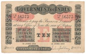 Government of India, Uniface, Rupees 10, red under print, Rangoon Circle, signed M. M. S. 