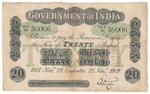 Government of India, Uniface, Rupees 20, green under print, Calcutta circle, signed A. F. 