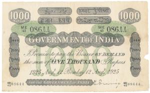Government of India, Uniface, Rupees 1000, green underprint, Bombay circle, signed H. Denn