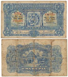Indo-Portuguese, Uma (One) Rupia, 4th issue, 1929, BancoNacionalUltramarino, red overprint