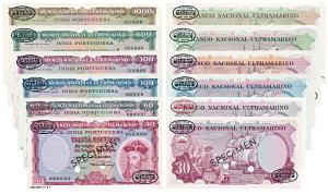 Indo-Portuguese, a complete set of 6 Specimen notes, 30, 60, 100, 300, 600 and 1000 Escudo