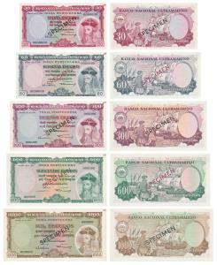 Indo-Portuguese, set of 5 Specimen notes, 30, 60, 300, 600 and 1000 Escudos, BancoNacional
