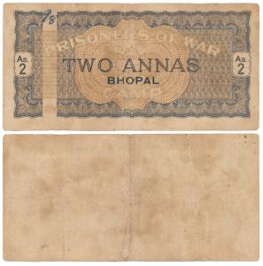 Bhopal, Prisoner of War Coupon, 2 Annas, brown colour, with bar (vertical panel at left) (