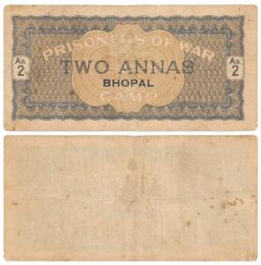 Bhopal, Prisoner of War Coupon, 2 Annas, brown colour, without bar (J&R 11.2.7A). About Ve