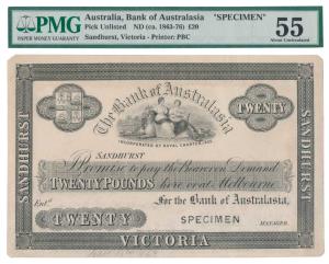 The Bank of Australasia, 20 Pounds, Melbourne, issue of 1863-1876, a vignette in centre wi
