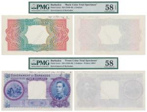Government of Barbados, Colour Trial Specimen, Dollars 2, obverse and reverse specimen pro