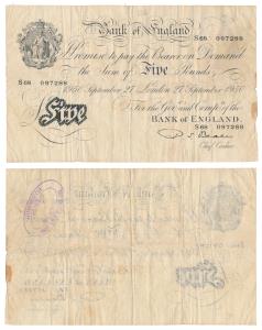 Bank of England, Pounds 5, Uniface, dated 27th September 1950. Very Fine, Rare.