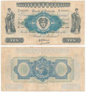 Northern Ireland, Bank of Ireland, Pounds 10, Belfast, 26 Jan 1942 (Pick 53). Very Fine+.