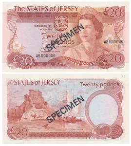 States of Jersey, Elizabeth II, Pounds 20, Specimen written across the note on obverse & r