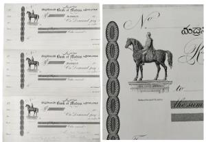 Bank of Madras, Archival Specimen Cheques, three uncut cheques, each with the vignette of 