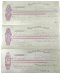 National Bank of India, Archival Specimen Cheques, Bombay, three uncut cheques. About Unci