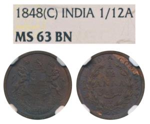 Copper 1/12 Anna, 1848, Calcutta Mint (Prid 163). Graded by NGC MS63 BN.