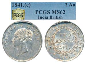 Victoria Queen, Silver 2 Annas, 1841, continuous legend, Calcutta Mint, English Head, Cres