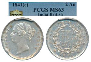 Victoria Queen, Silver 2 Annas, 1841, divided legend, Bombay Mint, .W.W raised, 9 Berries 