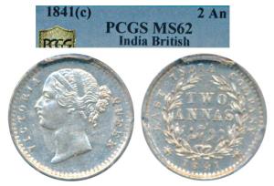 Victoria Queen, Silver 2 Annas, 1841, divided legend, Madras Mint, S incuse WW raised, hig
