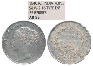 Victoria Queen, Silver Rupee, 1840, continuous legend, Calcutta Mint, Indian Head, 35 Berr