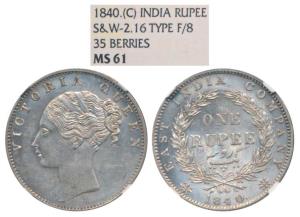 Victoria Queen, Silver Rupee, 1840, continuous legend, Calcutta Mint, Indian Head, 35 Berr