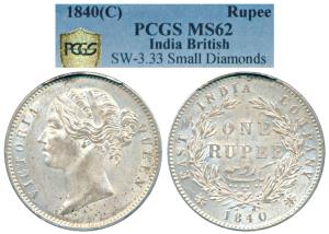 Victoria Queen, Silver Rupee, 1840, divided legend, Calcutta Mint, WW raised, 28 Berries, 