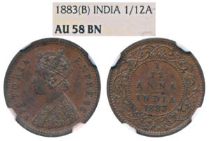 Victoria Empress, Copper 1/12 Anna, 1883, Bombay Mint (Prid 811). Graded by NGC AU58, the 