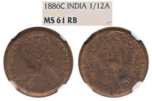 Victoria Empress, Copper 1/12 Anna, 1886, Calcutta Mint (Prid 791). Graded by NGC MS61 RB.