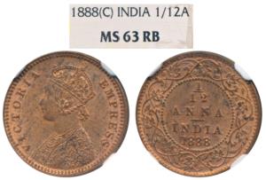 Victoria Empress, Copper 1/12 Anna, 1888, Calcutta Mint, (Prid 793). Graded by NGC MS63RB.