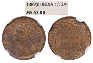 Victoria Empress, Copper 1/12 Anna, 1889, Bombay Mint (Prid 816). Graded by NGC MS63 RB.