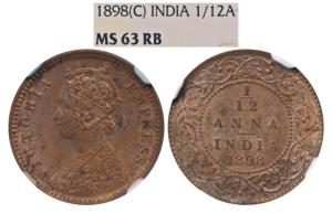 Victoria Empress, Copper 1/12 Anna, 1898, Calcutta Mint, (Prid 803). Graded by NGC MS63 RB