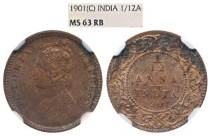 Victoria Empress, Copper 1/12 Anna, 1901, Calcutta Mint, (Prid 805). Graded by NGC MS63.