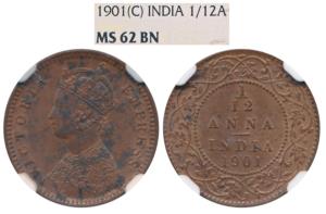 Victoria Empress, Copper 1/12 Anna, 1901, Calcutta Mint, (Prid 805). Graded by NGC MS62BN.