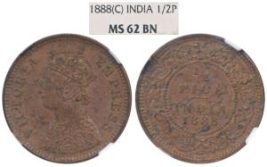 Victoria Empress, Copper ½ Pice, 1888, Calcutta Mint, (Prid 720). Graded by NGC MS62BN.
