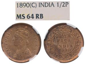 Victoria Empress, Copper ½ Pice, 1890, Calcutta Mint, (Prid 722). Graded by NGC MS64 RB.