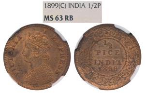 Victoria Empress, Copper ½ Pice, 1899, Calcutta Mint (Prid 732). Graded by NGC MS63 RB.