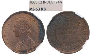 Victoria Empress, Copper ¼ Anna, 1885, Calcutta Mint, No mm, (Prid 618). Graded by NGC MS6