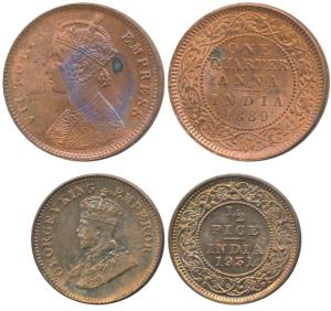 Victoria Empress, Copper ¼ Anna, 1889, Calcutta Mint (Prid 622); George V, Bronze ½ Pice, 