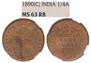 Victoria Empress, Copper ¼ Anna, 1890, Calcutta Mint, (Prid 623). Graded by NGC MS63 RB.
