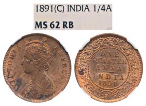 Victoria Empress, Copper ¼ Anna, 1891, Calcutta Mint (Prid 624). Graded by NGC MS62 RB.