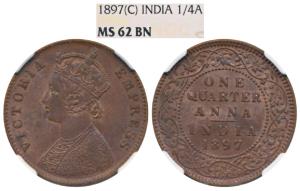 Victoria Empress, Copper ¼ Anna, 1897, Calcutta Mint, (Prid 630). Graded by NGC MS62 BN.