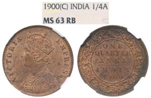 Victoria Empress, Copper ¼ Anna, 1900, Calcutta Mint (Prid 633). Graded by NGC MS63 RB.