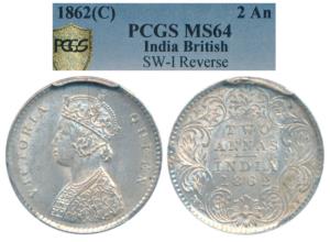 Victoria Queen, Silver 2 Annas, 1862, Calcutta Mint, No Mint mark. Graded by PCGS MS64, Ra