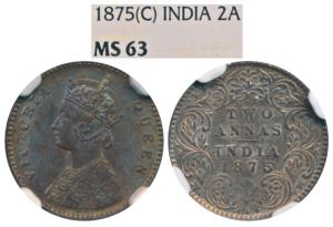 Victoria Queen, Silver 2 Annas, 1875, Calcutta Mint, A / I / No mint mark (Prid 489). Nice
